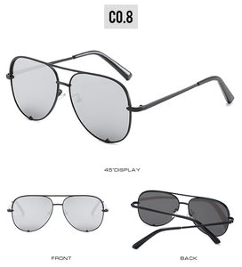 Three views of black metal aviator sunglasses showing front, back and 45-degree angles