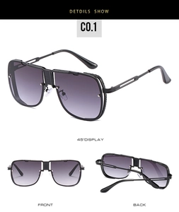Détails de lunettes de soleil carrées en métal avec branches ajourées et verres dégradés