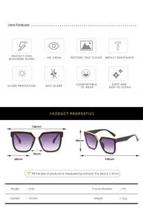 Guide des tailles de lunettes de soleil carrées avec largeur 146mm et matériau PC