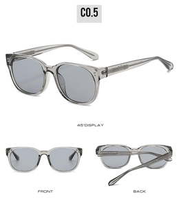 Vue détaillée de lunettes de soleil rétro gris translucide avec rivets sous plusieurs angles