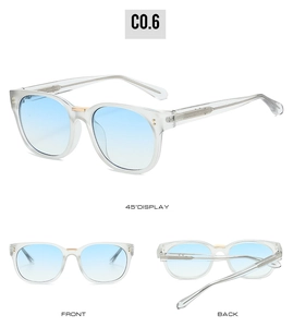 Vues sous trois angles de lunettes de soleil bleu dégradé avec monture transparente et or