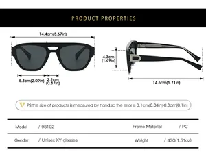 Detailed size chart for pilot sunglasses showing dimensions in centimeters and inches
