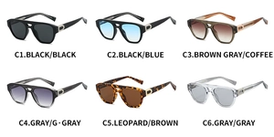 Detailed grid showing six color options for double-bridge pilot sunglasses with D-metal accents