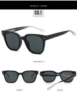 Three-angle views of square frame sunglasses with silver stud accents and gray lenses
