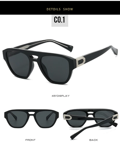 Detailed multi-angle views of black pilot sunglasses with silver geometric temple accents