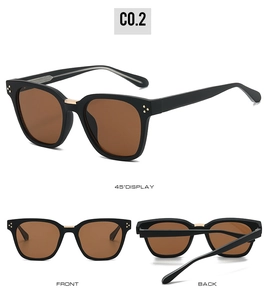 Three-angle view of square matte sunglasses with gold bridge and rivet details