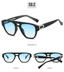Three-angle display of double-bridge aviator sunglasses with light blue gradient lenses