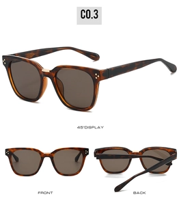 Three-angle display of tortoiseshell square sunglasses with brown lenses and metal bridge