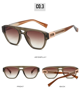 Three-view display of olive green double-bridge aviator sunglasses with gradient lenses