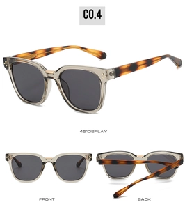 Three-view display of square grey translucent sunglasses with tortoiseshell temples
