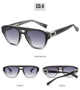 Three-view display of aviator sunglasses with gray gradient lenses and silver metal details