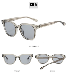 Detail showing front, 45-degree angle, and folded views of transparent gray sunglasses