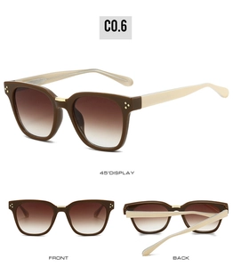 Three views of square frame sunglasses with tea gradient lenses and two-tone frame details