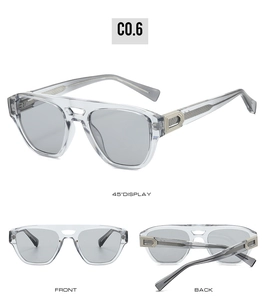 Detailed views of grey aviator sunglasses with metal hinge accents and acetate frames