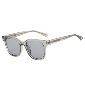 Translucent grey square frame sunglasses with dark lenses and durable metal core