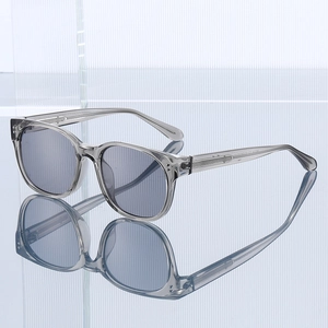 Lunettes de soleil rétro grises rondes avec verres foncés et rivets métalliques, vue 45°