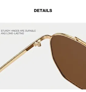 Macro detail of sturdy golden metal hinges on stylish rectangular aviator sunglasses