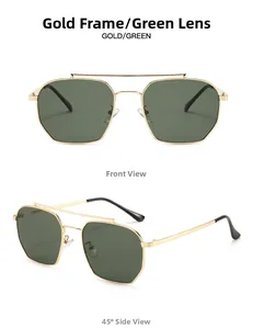 Close-up of golden metal frame aviator sunglasses with green lenses from multiple angles