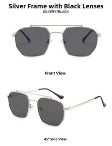 Dual-bridge silver metal aviator sunglasses with black-grey lenses front and side view