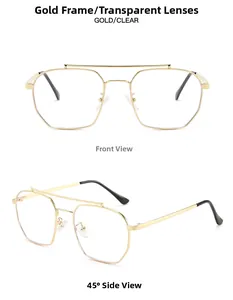Detail view of gold double-bridge aviator frames with clear lenses from multiple angles