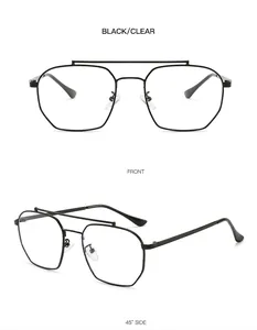 Detail view of black double-bridge aviator eyeglass frames with clear lenses