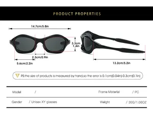 Guide des tailles détaillant les dimensions des lunettes de sport au style Y2K