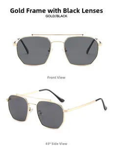 Detail view of gold double-bridge aviator sunglasses with black lenses and metal frame