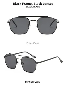 Close-up of black double-bridge aviator sunglasses with hexagonal metal frames