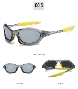 Vues triples de lunettes de soleil de sport Y2K, monture grise et coussinets jaunes