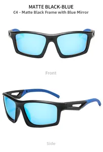 Vues détaillées de face et de côté de lunettes de sport noir mat à verres miroirs bleus