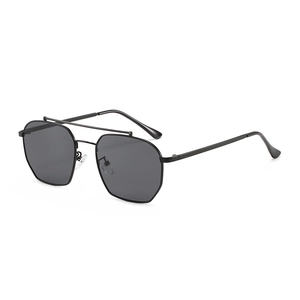Modern double bridge aviator sunglasses with black metal frame and hexagonal lenses