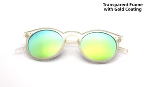Detail of round matte translucent frame sunglasses with gold-green mirrored lenses