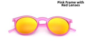 Detail of pink round sunglasses with red mirrored lenses and matte frame texture