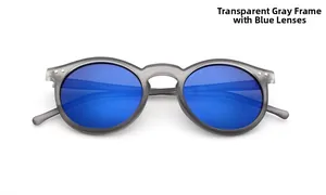 Detail of vintage round sunglasses with transparent grey frame and blue mirrored lenses
