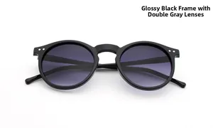 Detail of vintage cat eye sunglasses with bright black resin frame and grey lenses