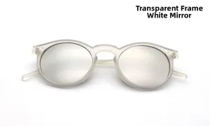 Close-up of retro round sunglasses with transparent matte frame and silver mirrored lenses
