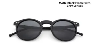 Macro detail of matte black round frame sunglasses with grey lenses and metal rivet accents