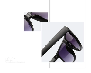 Detail view of large frame sunglasses with rivets and purple gradient lenses