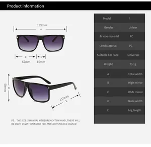 Size chart for classic oversized square sunglasses with precise frame measurements