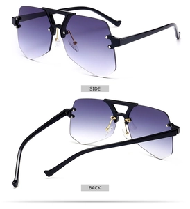 Close-up of rimless irregular sunglasses showing the purple gradient lens and side back views