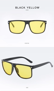 Classic square sunglasses with glossy black frame, yellow lenses and silver rivet details
