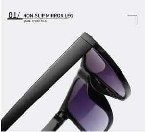 Detail view of non-slip temple design on black square sunglasses with purple gradient lenses