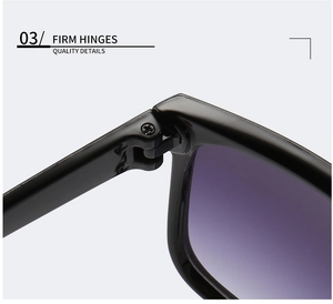Macro shot of firm metal hinges and quality details on black square sunglasses