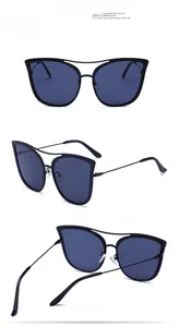 Drei Ansichten einer schwarzen Cat-Eye-Sonnenbrille mit Metallbügeln und Doppelsteg