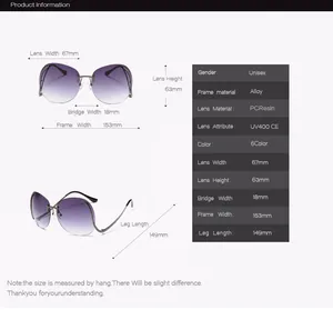 Tableau des tailles détaillé pour lunettes de soleil sans monture avec protection UV400