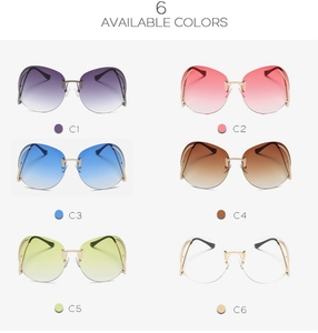 Détail de lunettes de soleil sans monture surdimensionnées en six teintes dégradées