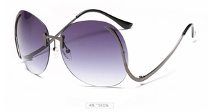 Vue latérale à 45 degrés de lunettes de soleil sans monture avec verres dégradés violets