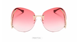 Vue détaillée de lunettes de soleil papillon sans monture avec verres dégradés roses et or