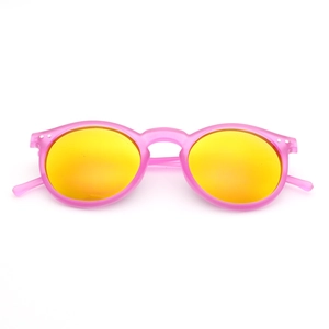 Pink matte round cat eye sunglasses with orange gradient mirrored lenses and silver studs