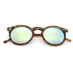 Retro leopard print round sunglasses with blue reflective lenses and metal dot accents